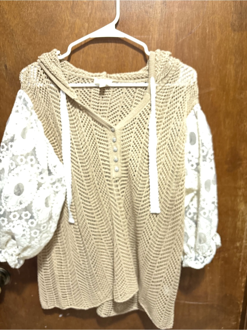 POL Neutral Beige Crochet Hooded Knit Top